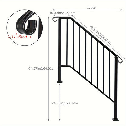 Single Tier Matte Black Iron Handrail – Durable Outdoor Stair Rail with Rust-Resistant Coating – Easy to Install & Assemble – Ideal for Home, Garden, or Commercial Use