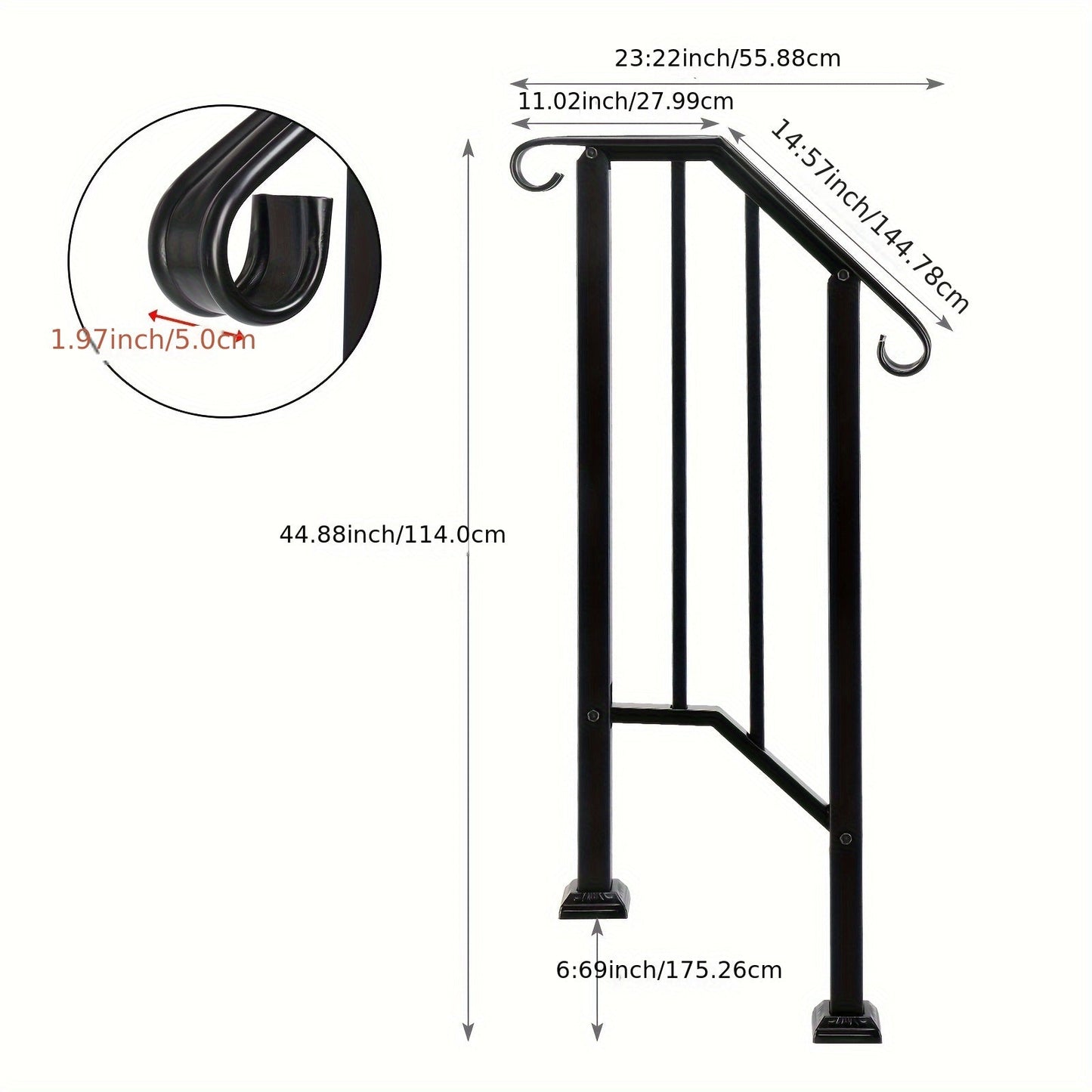 Single Tier Matte Black Iron Handrail – Durable Outdoor Stair Rail with Rust-Resistant Coating – Easy to Install & Assemble – Ideal for Home, Garden, or Commercial Use