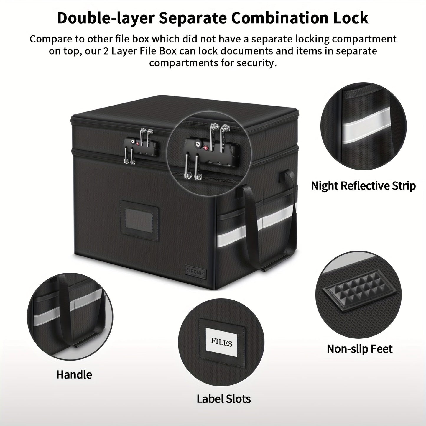 Fireproof Document Box with Lock - 2 Layer File Storage Organizer with 5 Tabs and Insert, Portable Cabinet with Handle for Letter/Legal Size Folders and Certificates