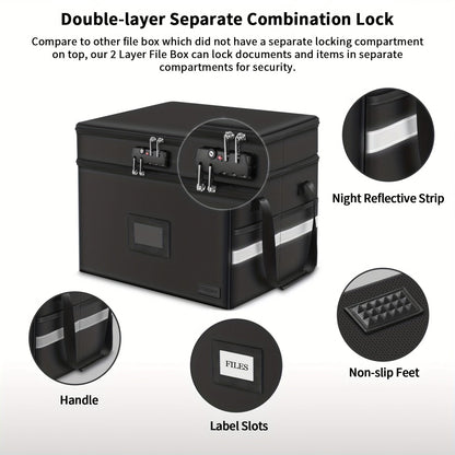 Fireproof Document Box with Lock - 2 Layer File Storage Organizer with 5 Tabs and Insert, Portable Cabinet with Handle for Letter/Legal Size Folders and Certificates