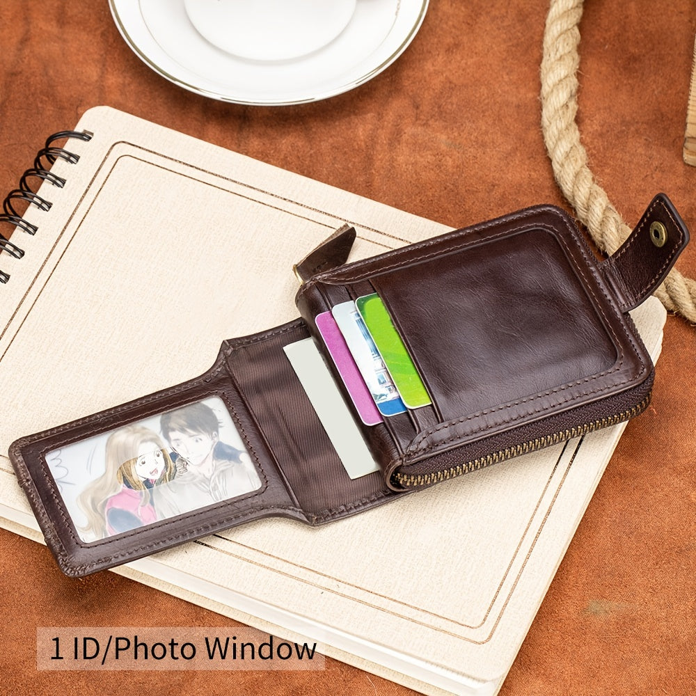 Men's Retro Genuine Leather Multi-Card Wallet with Zip - Large Capacity, Anti-Theft Design