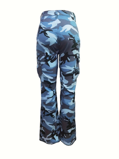 Fashionable High-Waist Camouflage Cargo Jeans – Sleek Straight Fit with Medium Stretch & Stylish Flap Pockets – Trendy High-Rise Denim Pants for Women