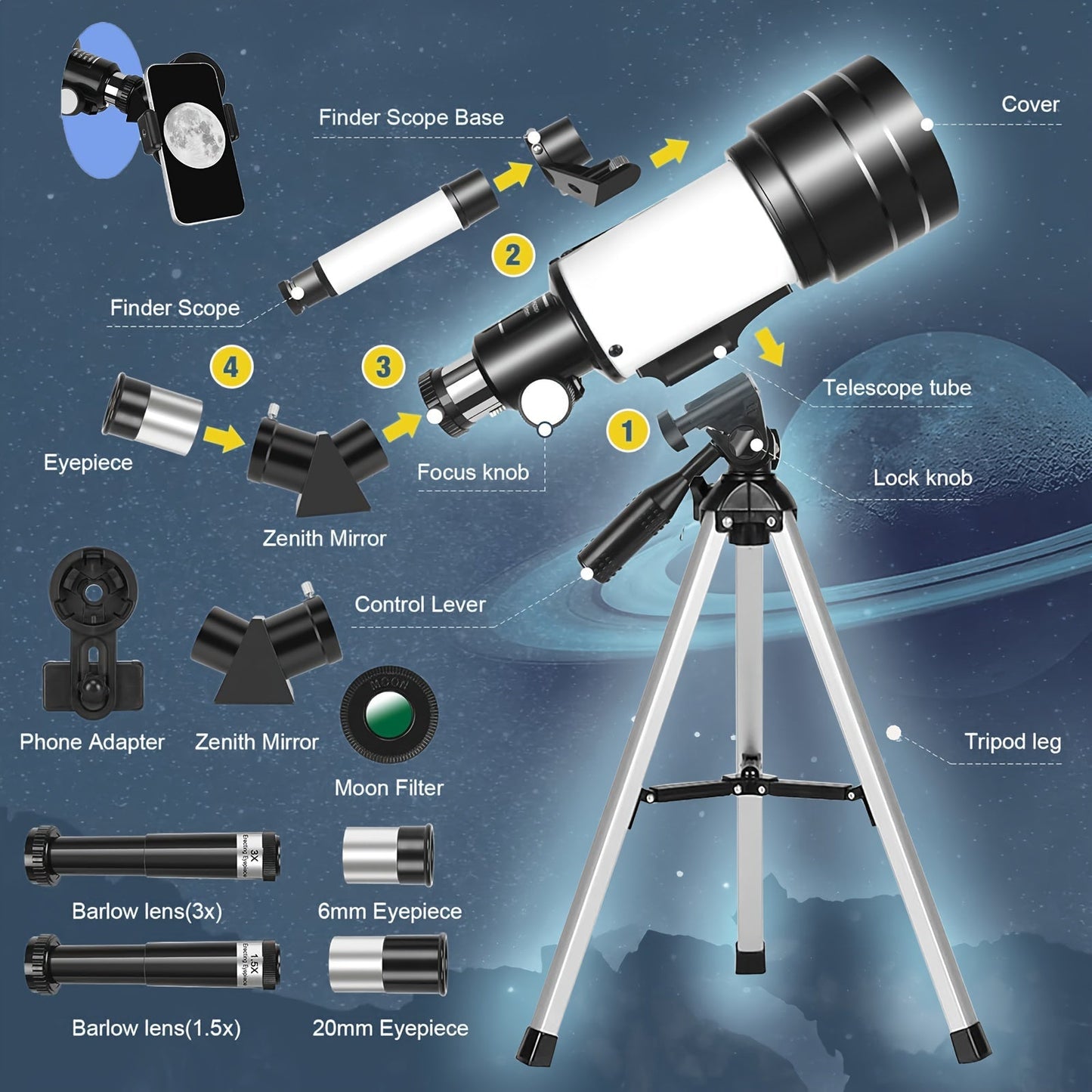 150X High-Powered Refractor Telescope - Portable 70mm Aperture Astronomical Telescope with Tripod, Phone Adapter, and Wireless Remote for Adults and Kids, Ideal for Stargazing and Space Exploration