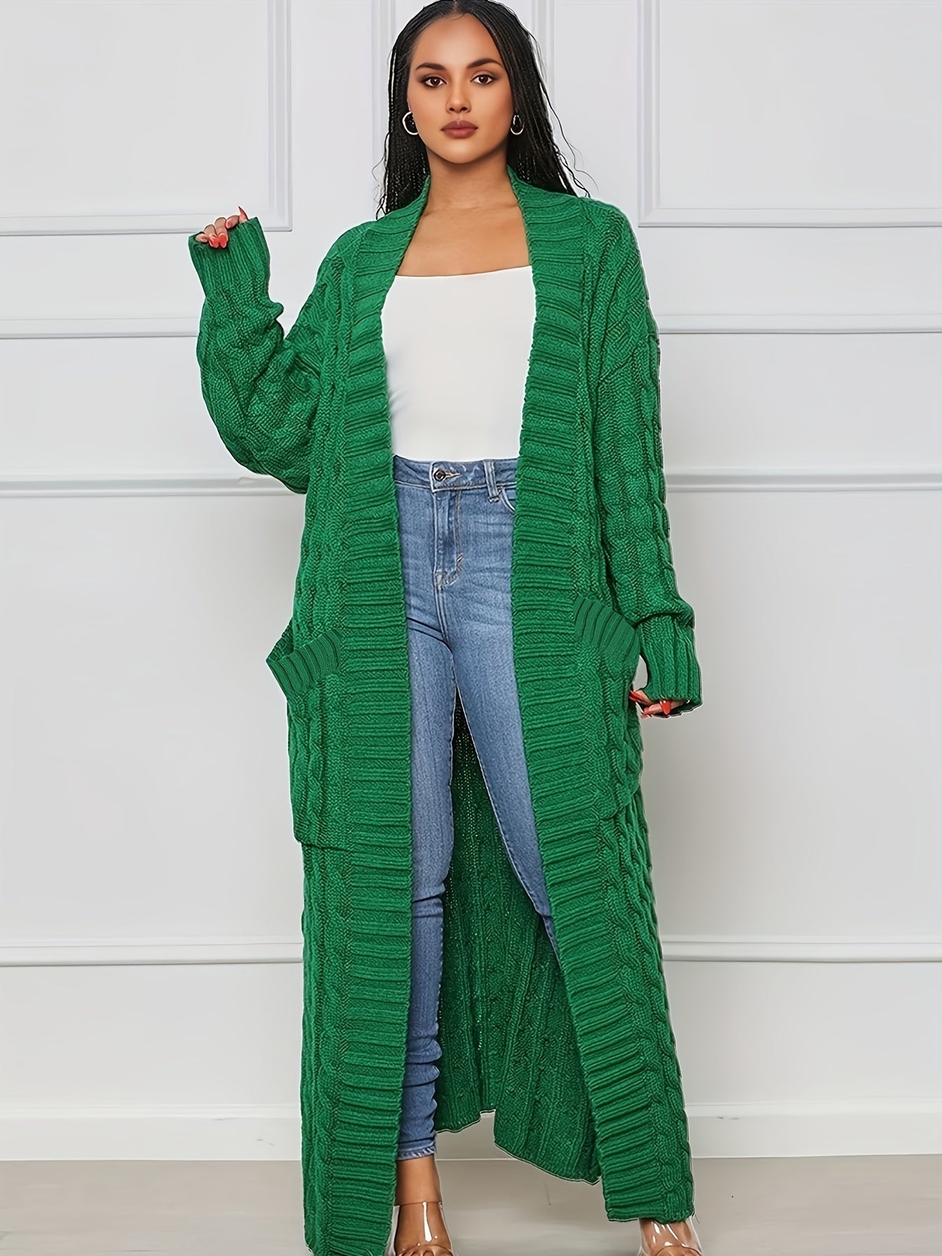 Long Length Cable Knit Cardigan – Elegant Solid Long Sleeve Sweater with Pockets – Women's Clothing