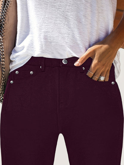 Women's High Waist Stretch Jeans - Street Style Skinny Denim Pants with Metal Button Details, Plain Black Casual Fashion