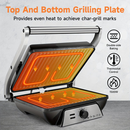 180-Degree 3-in-1 Electric Indoor Grill and Panini Press - Non-Stick Cooking Plates, Floating Hinge, Grease Tray