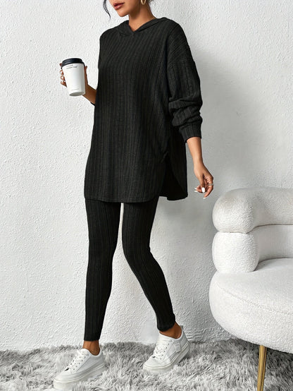 Ribbed Two-Piece Set - Casual Long Sleeve Hooded Top and Skinny Pants Outfit for Women