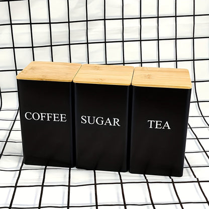 Set of 3 Square Metal Canisters with Wooden Lids – Tea, Sugar, and Coffee Storage