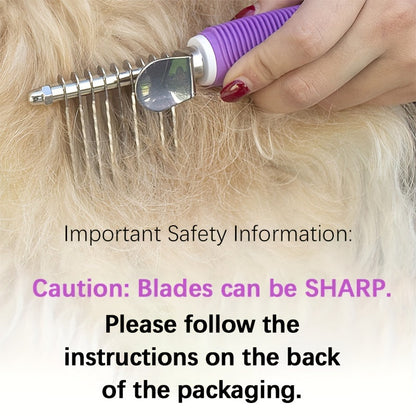 Pet Dematting Rake Comb Brush - Detangle Matted Undercoat for Dogs with Steel Safety Blades
