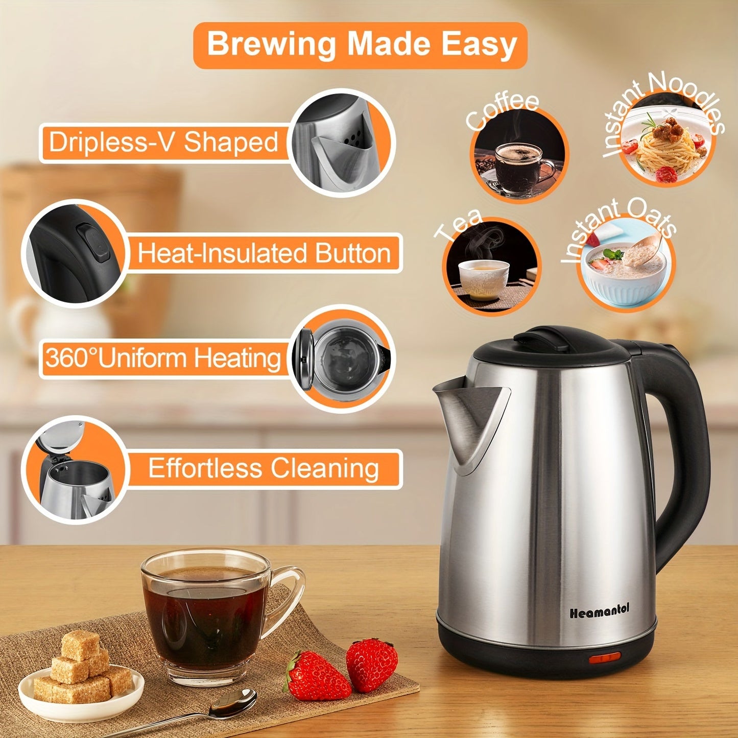 1.8L Stainless Steel Double Wall Electric Kettle – Fast Boiling, Auto Shut Off, Boil-Dry Protection, Cordless, LED Indicator – BPA Free for Coffee, Tea and Hot Beverages