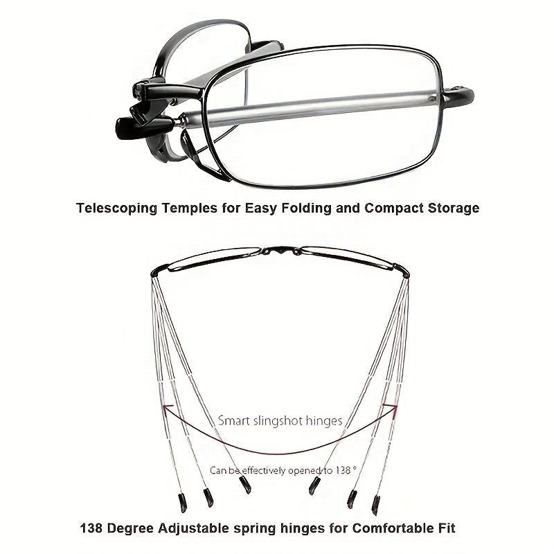 Foldable Reading Glasses – Portable Presbyopic Glasses for Men and Women – Spring Hinge Readers with Case