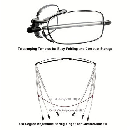 Foldable Reading Glasses – Portable Presbyopic Glasses for Men and Women – Spring Hinge Readers with Case
