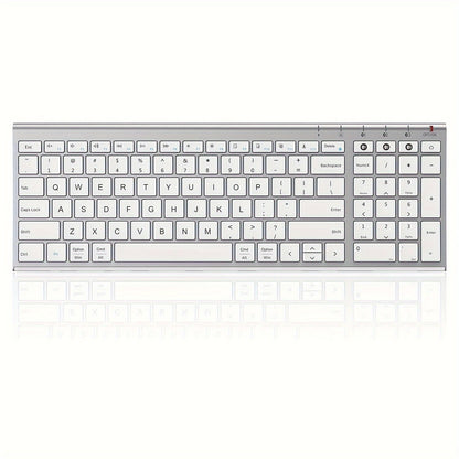 Multi-Device BT Keyboard - Slim, Rechargeable Wireless Keyboard with Number Pad, Switches Between 3 Devices, Compatible with Mac/iPad/Android/Windows - White and Silver