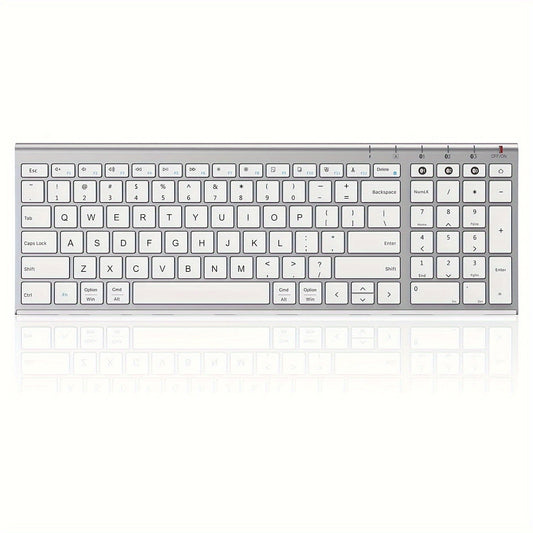 Multi-Device BT Keyboard - Slim, Rechargeable Wireless Keyboard with Number Pad, Switches Between 3 Devices, Compatible with Mac/iPad/Android/Windows - White and Silver