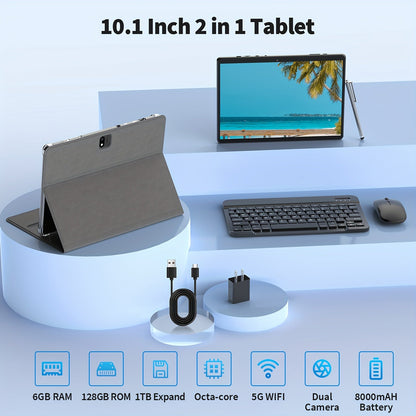 10 Inch 2-in-1 Tablet PC – 6GB RAM, 128GB Storage, 1TB Expandable, Android 13, Includes Case, Mouse, Stylus, 8000mAh Battery, 2.4G/5G WiFi, GPS