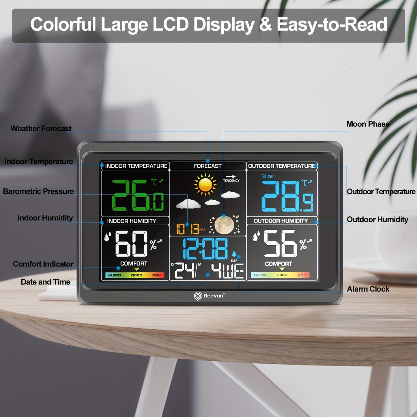 Geevon Wireless Weather Station - Indoor/Outdoor Thermometer with Color Display, Digital Temperature Gauge, Barometer, Calendar, USB Charge, and Adjustable Backlight (Battery Operated)
