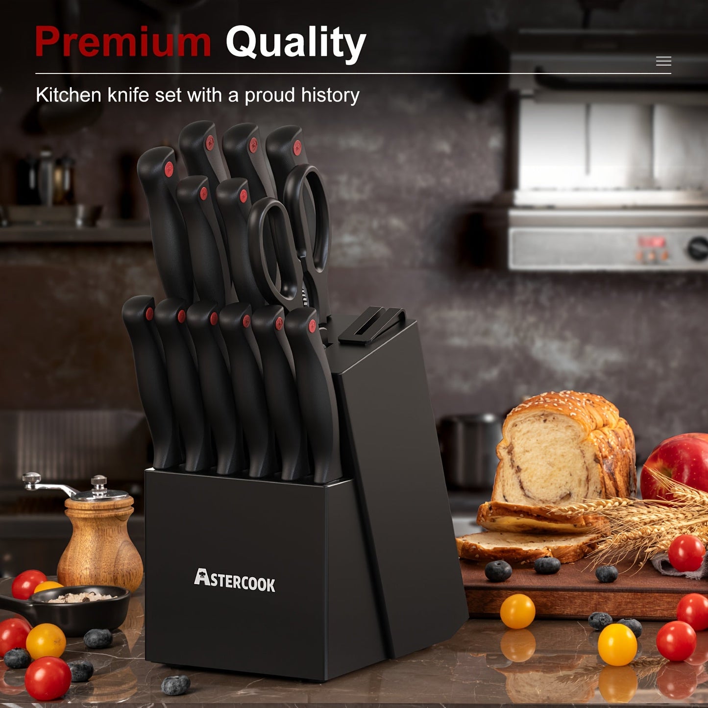 15 Piece Astercook Premium Knife Set - German Steel, Dishwasher Safe, Includes Elegant Black Block and Built-In Sharpener for Precision Cutting
