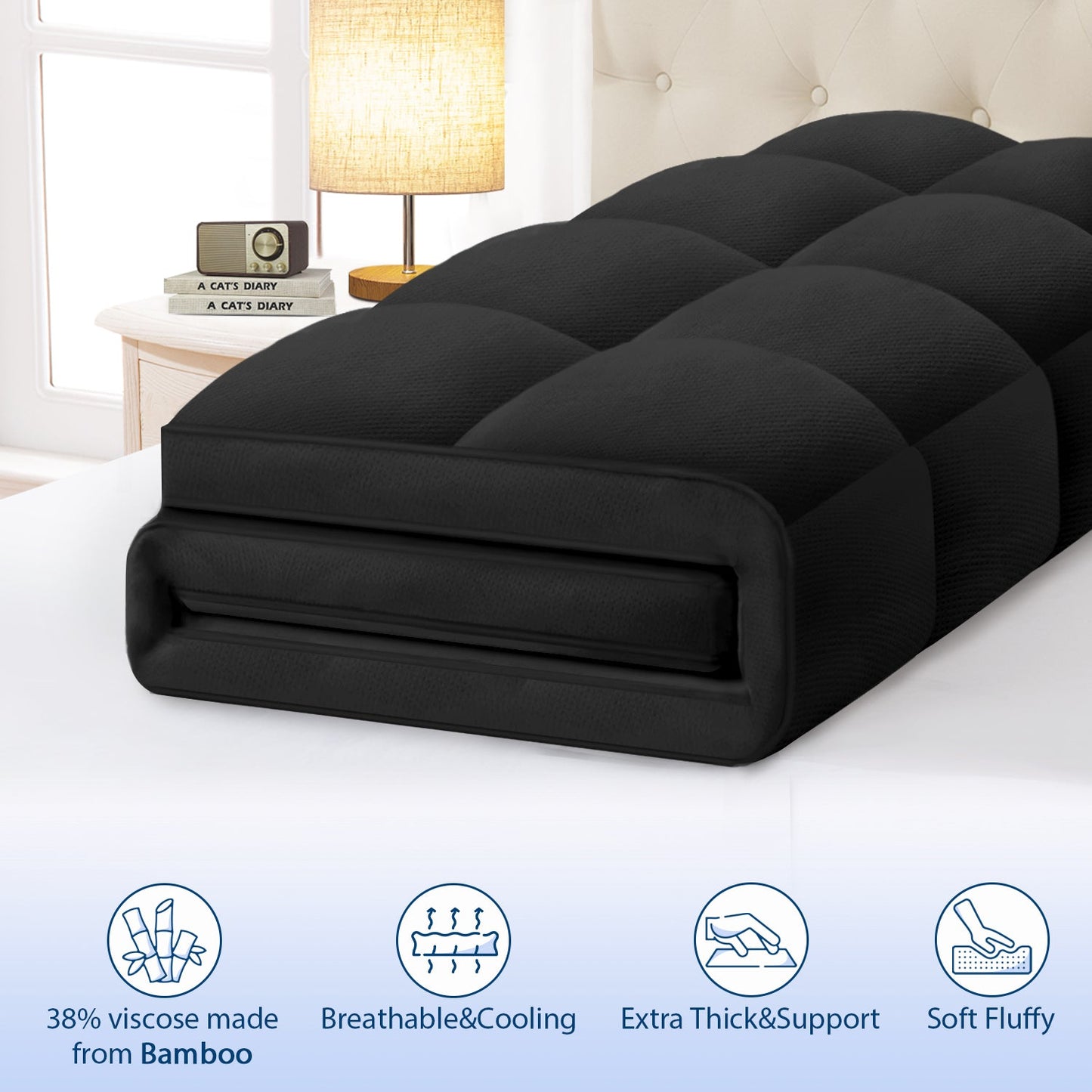 Viscose Bamboo Mattress Topper – Thick Cooling Breathable Pillow Top for Back Pain Relief – Deep Pocket Fits 8-20 Inch Mattresses