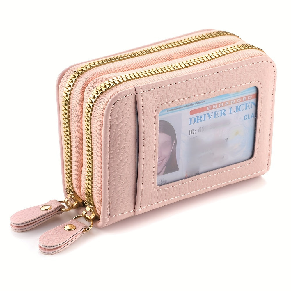 DEABOLAR Compact Dual Zipper Wallet - Large Capacity with Clear ID Window and Coin Purse, Black Faux Leather for Men and Women
