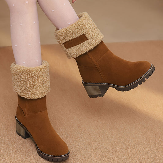 Winter Boots for Women - Comfortable Slip-On Mid Chunky Heel Suede Warm Snow Ankle Boots, Outdoor Shoes