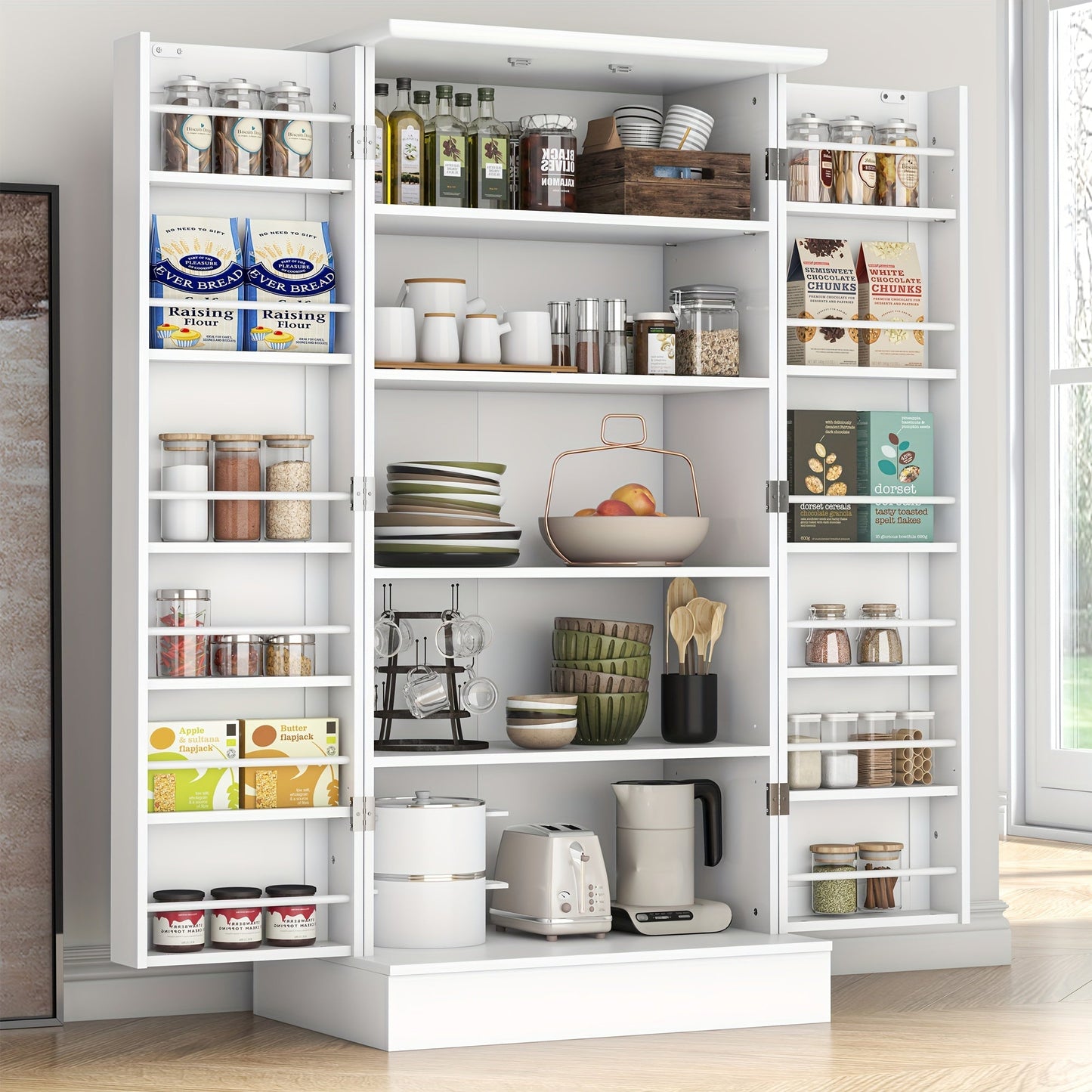 47 Inch White Kitchen Pantry Storage Cabinet – Freestanding Pantry with Doors & Adjustable Shelves, Buffet Cupboard for Kitchen, Living Room, Dining Room