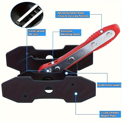 Brake Caliper Compression Tool – Ratcheting Caliper Piston Spreader with 2 Steel Plates and 2 Hangers, Car Brake Caliper Press Tool