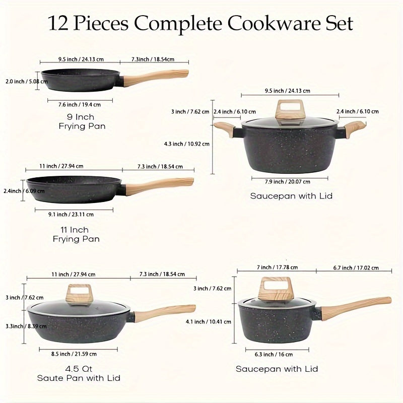 12-Piece Non-Stick Cookware Set – Induction-Ready Granite Pots & Pans, Includes Frying Pan, Steamer, Silicone Spatula, and Tongs, White