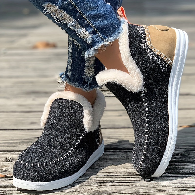 Cozy Winter Warmth Shoes - Plush Lined, Thermal Insulation, Slip-On Round Toe Outdoor Walking Shoes for Cold Weather