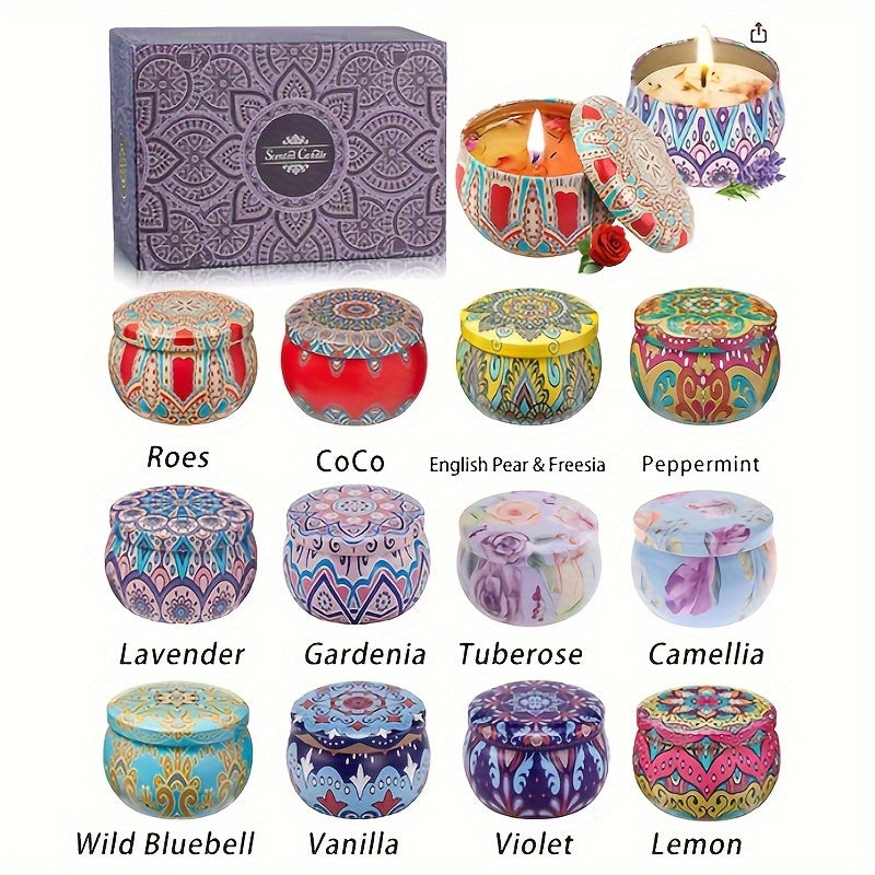 Set of 12 Scented Candles - Rose, Coco, Freesia, Peppermint, Lavender, Gardenia, Tuberose, Camellia, Wild Bluebell, Vanilla, Violet, Lemon - Random Jar Colors, Ideal for Stress Relief and Relaxation