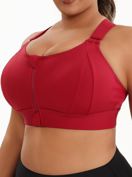 Plus Size Front Zip Sports Bra – High Elasticity, Solid Color Fitness Bra – Padded Yoga Bra with Stylish Racerback and Adjustable Straps