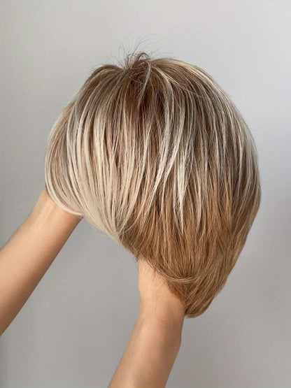 Ladies' Short Pixie Cut Wig - Blonde Straight Hair, Rose Net Cap, Synthetic Fiber, Suitable for All Ethnicities