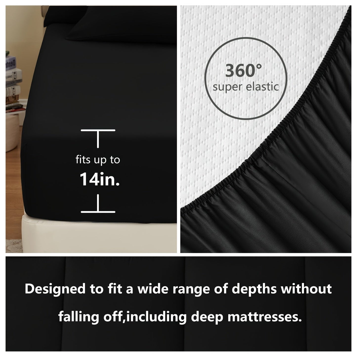 7 Pcs Bed In A Bag - Bedding Set with All Season Quilted Comforter, Flat Sheet, Fitted Sheet, Pillowcases - Black, Queen