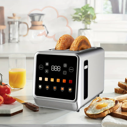 2-Slice Stainless Steel Toaster - Touch Screen Digital Timer, 6 Bread Types and Shade Settings, Bagel, Cancel, Defrost, Memory, 750W-1000W, US Plug
