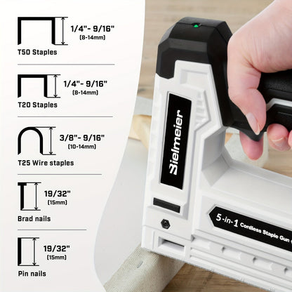Bielmeier Lithium Ion Staple Gun - 5-in-1 Brad Nailer, 4V Rechargeable Cordless, Battery-Powered with 2,000 Staples and Nails - Power Tacker for Home, Wood, Upholstery, DIY