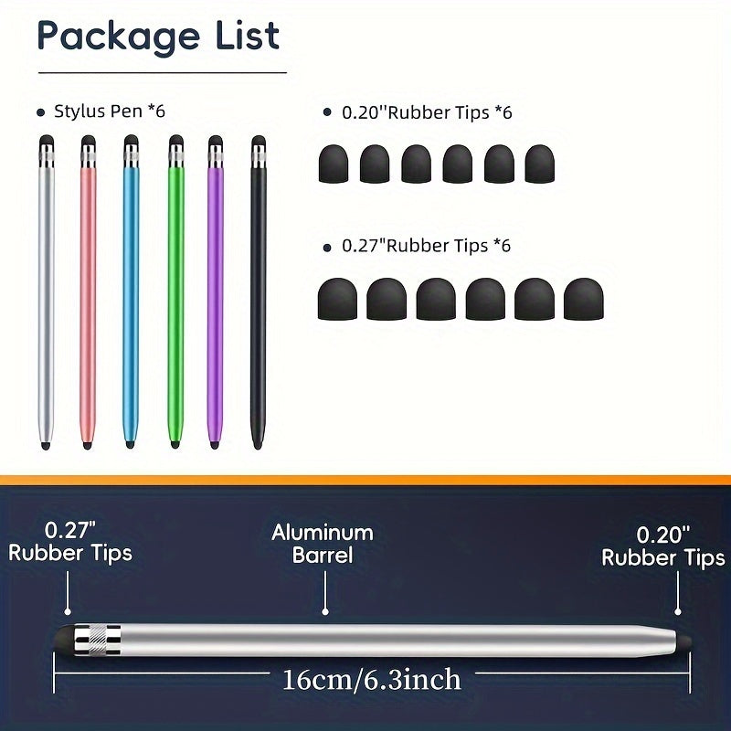 6pcs 2 in 1 High Sensitivity Capacitive Stylus Set with 12 Extra Replaceable Rubber Nibs for Android Tablets and Touch Screen Devices