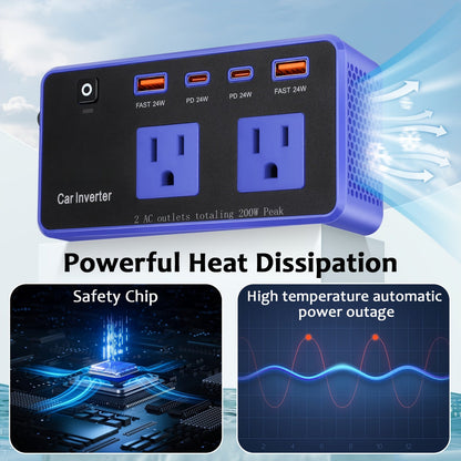 200W Car Power Inverter | DC 12V to 110V AC Inverter with 24W USB-C Fast Charger | Type C Car Charger for Laptop and Camping Road Trip Essentials