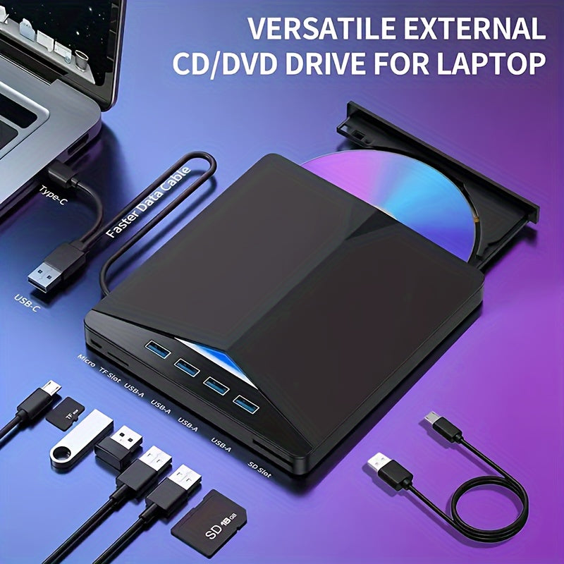 7 in 1 USB 3.0 Portable CD/DVD Drive – Burn and Play, Compatible with Laptop, Desktop, PC, and Mac Operating Systems
