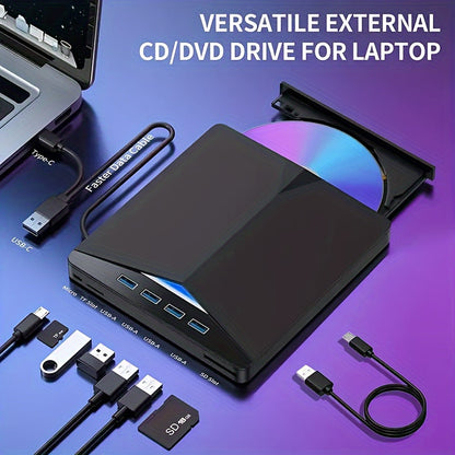 7 in 1 USB 3.0 Portable CD/DVD Drive – Burn and Play, Compatible with Laptop, Desktop, PC, and Mac Operating Systems