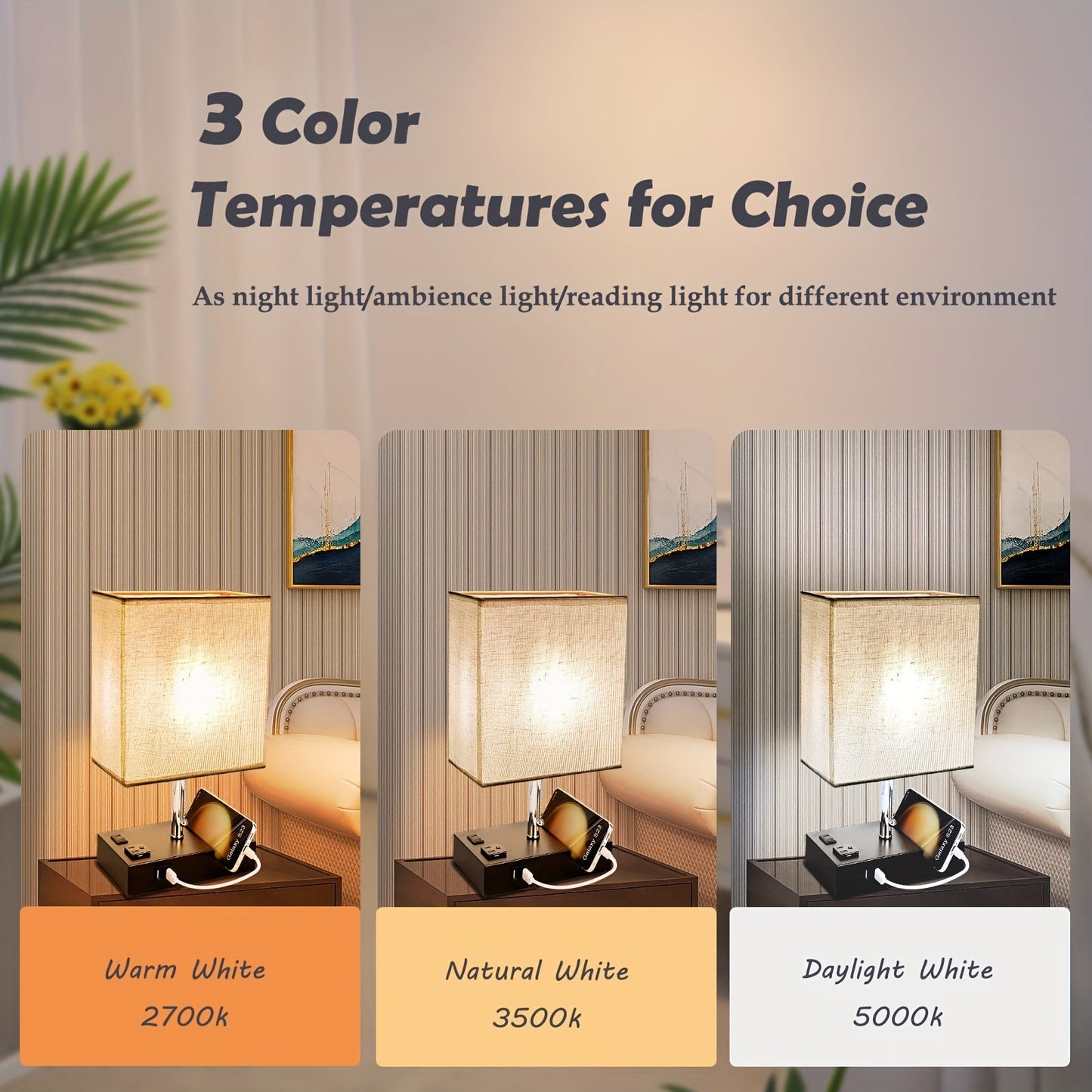 3 Color Temperature Bedside Lamp - Nightstand Table Lamp with 2 USB Ports and AC Outlet - LED Bulb Included - Ideal for Bedroom, Living Room, and Office