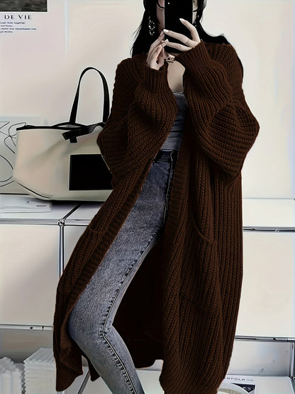 Plus Size Open Front Knit Cardigan - Long Sleeve, Casual Loose Fit with Pockets, Women's Clothing