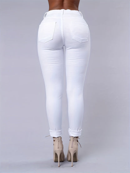 Women's Ripped High-Stretch Distressed Jeans – Slim Fit Solid Color Denim Pants with Zipper Button Closure
