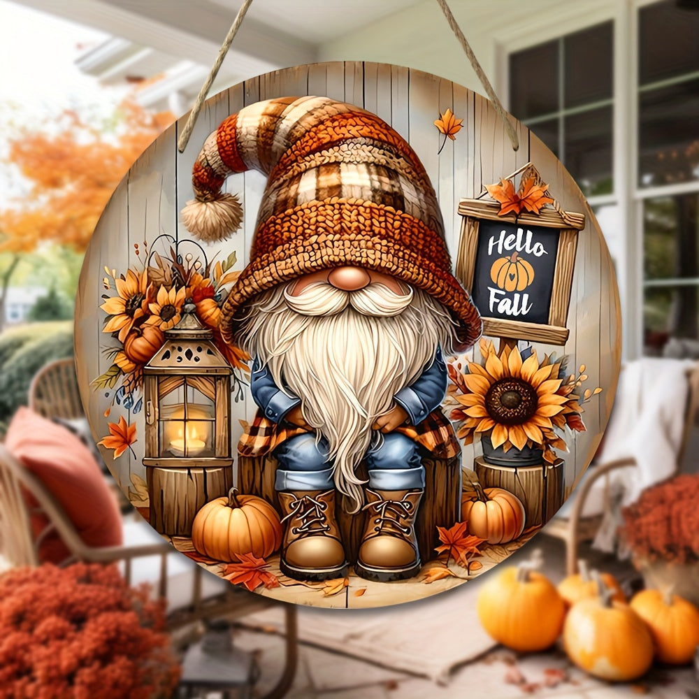 Festive Gnome Hello Fall Sign - 7.9"x7.9" Multi-Purpose Wall Hanging in English - Ideal for Home, Garden, Kitchen, Bar, or Porch Decor