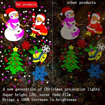Christmas Projector Light with 16 LED Patterns - Featuring Snowflakes, Snowman, Reindeer, Christmas Tree, Santa Claus - Ideal for Parties, Weddings and Home Decor, USB Powered, Semi-Embedded Installation