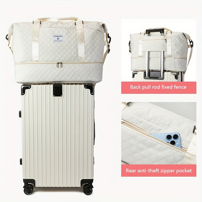 Large Capacity Travel Duffel Bag with Shoe Compartment - Nylon Gym Bag with Cosmetic Pouch, Pull-Out Cover, Hand Washable - Ideal for Weekend and Overnight Trips, Random Print