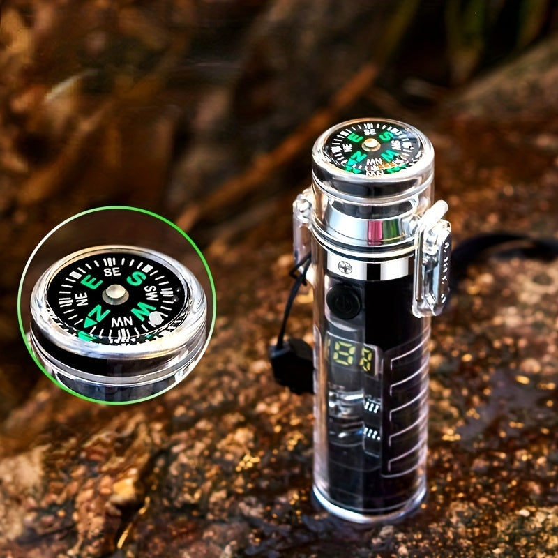 LED Intelligent Compass Double Arc Lighter with Flashlight – USB Rechargeable Flameless Plasma Lighter for Outdoor Survival – Exquisite Gift for Men and Women