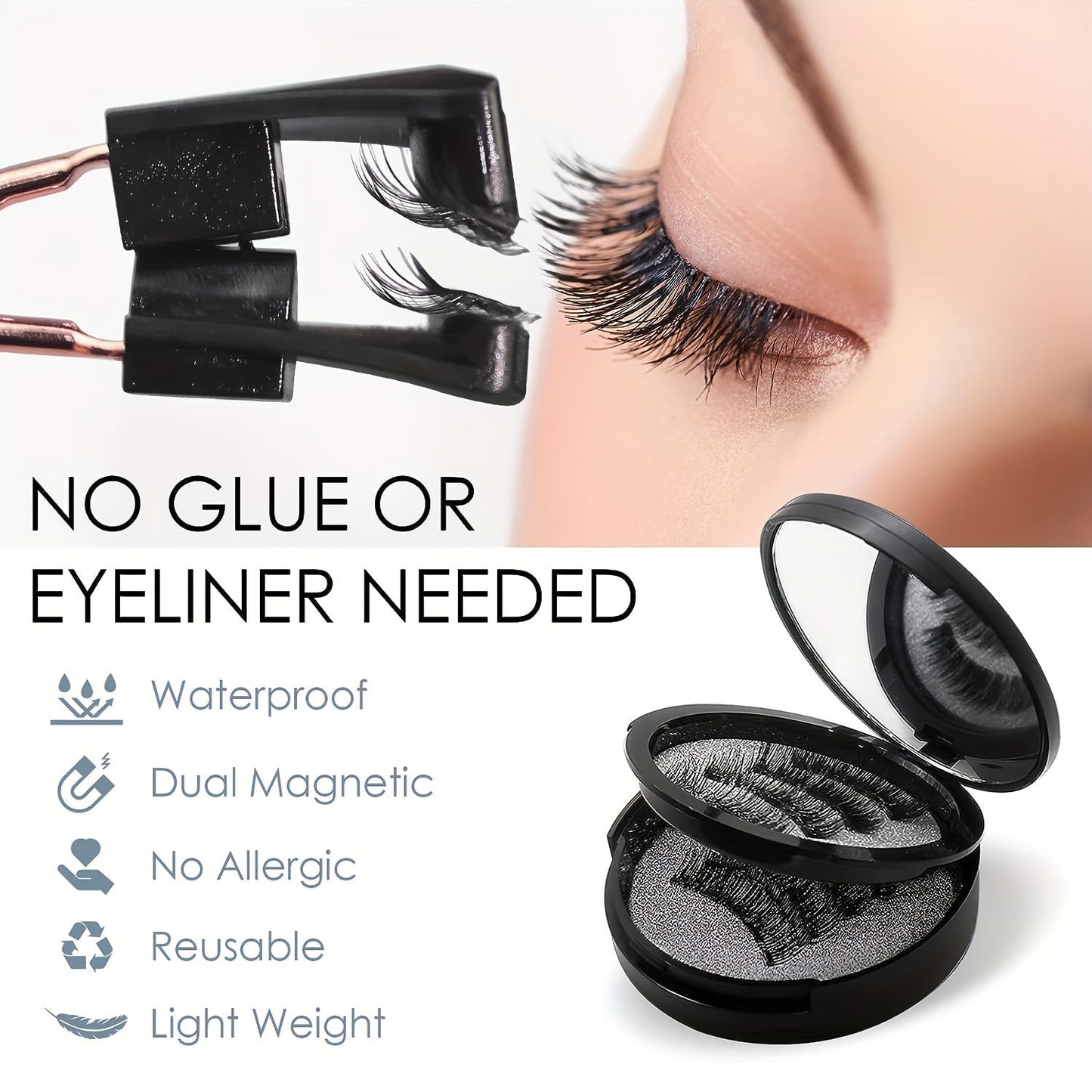 8 Pairs Reusable Magnetic Dual Eyelashes Kit – Effortless, Natural-Looking, Waterproof, No Glue, Easy to Wear – 3D False Lashes with Applicator for Dramatic Eye Makeup