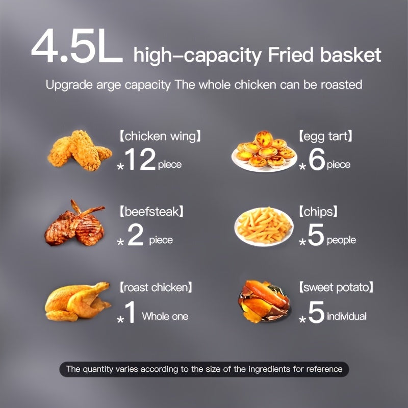 4.5L Large Capacity Air Fryer – 900W Oil-Less Cooking with Turbo Circulation, Even Heat Distribution – Ideal for Chicken, French Fries, Wings and More