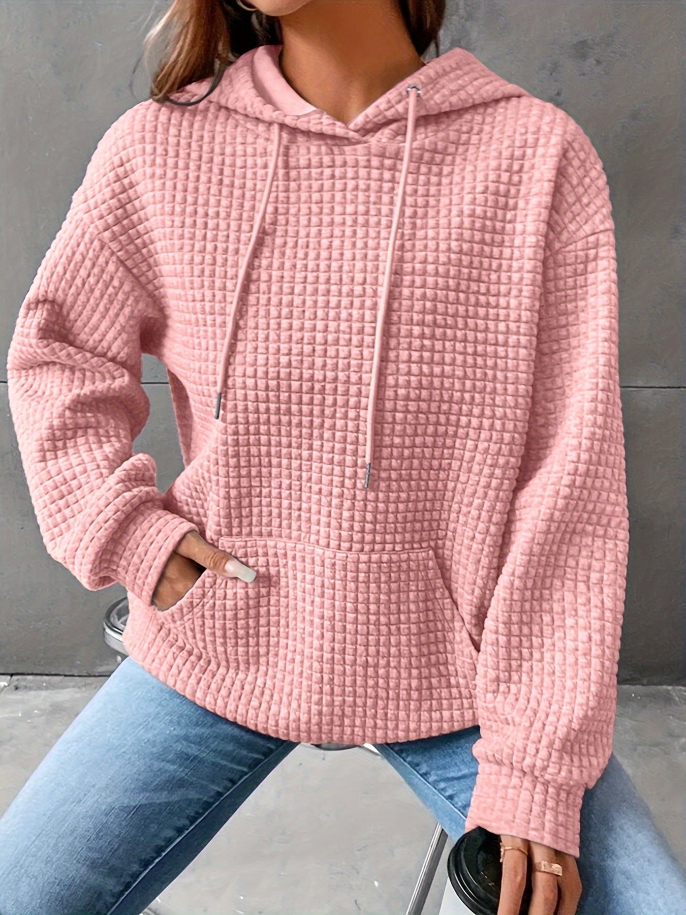 Plus Size Casual Hooded Sweatshirt for Women – Solid Waffle Pattern, Long Sleeve, with Drawstring and Pockets