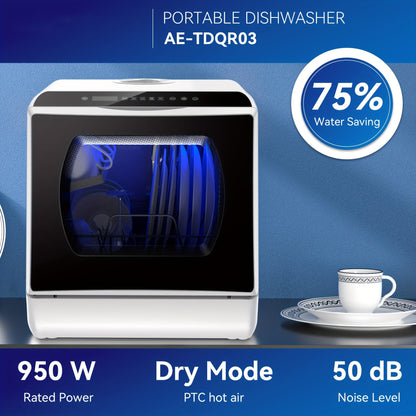 AE-TDQR03 Portable Countertop Dishwasher – Compact Mini with 5L Water Tank, Air-Dry Function, 5 Washing Programs – Baby Care, Glass and Fruit Wash, White/Black