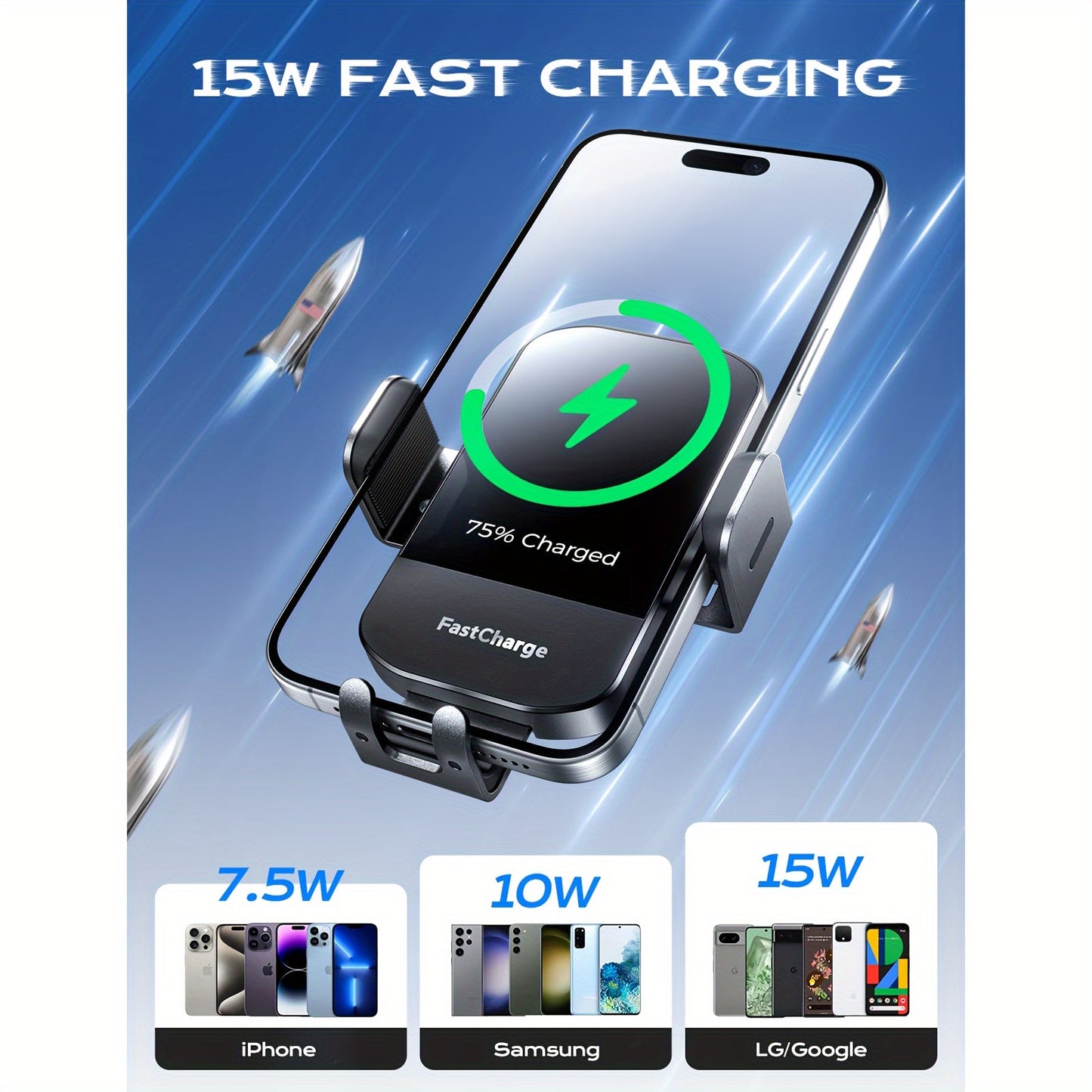 CHGeek Wireless Car Charger - 15W Fast Charging Auto Clamping Phone Mount and Holder, Fits iPhone 15/14/13/12/11 Pro Max Xs, Samsung Galaxy S24/S23/S22/S21/S20/S10+, Black